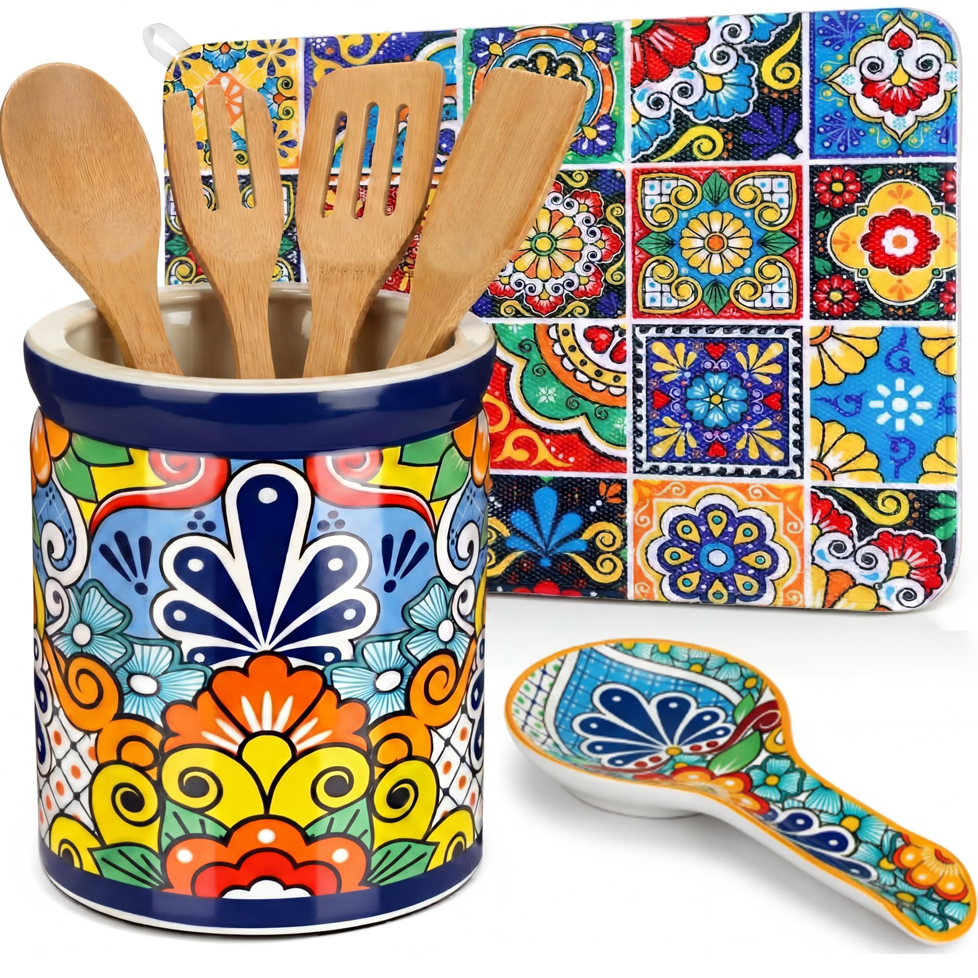 Photo 1 of **SPOON HOLDER CRACKED/ MISSING PATTERNED SPOON** Dunkive Talavera Mexican Utensil Holder Set with Ceramic Spoon Rest & Talavera Dish Drying Mat, Colorful Mexican Pottery Kitchen Counter Decor