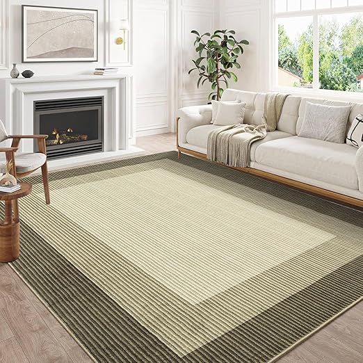 Machine Washable 8x10 Rugs for Living Room Farmhouse Bedroom, Neutral Bordered Modern Rug for Dining Room, Solid Large Rug Non Slip Low Pile Stain Resistant Carpet for Apartment Dorm, Brown 8x10ft