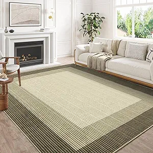 Machine Washable 8x10 Rugs for Living Room Farmhouse Bedroom, Neutral Bordered Modern Rug for Dining Room, Solid Large Rug Non Slip Low Pile Stain Resistant Carpet for Apartment Dorm, Brown 8x10ft