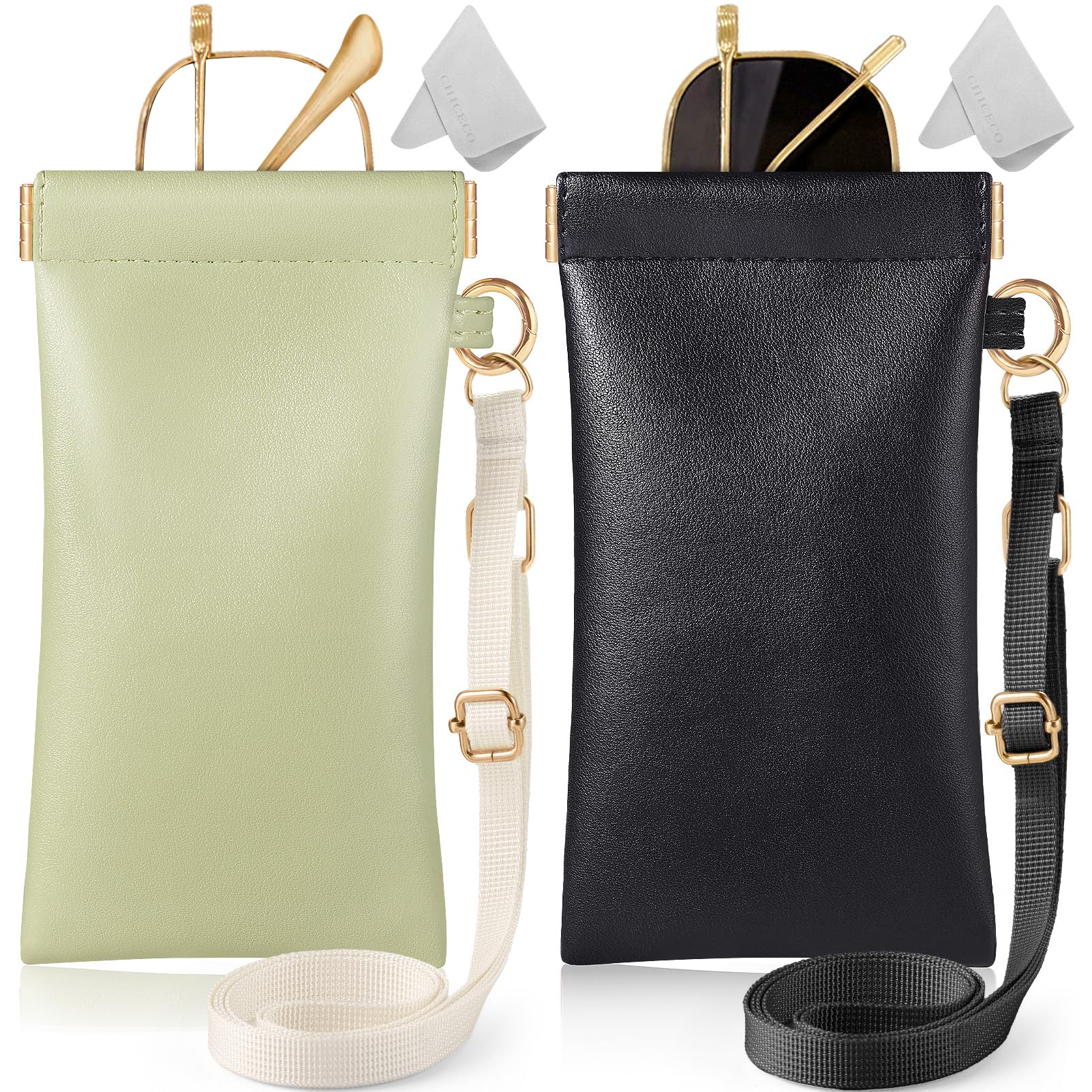 CHICECO Squeeze Top Sunglass Case-Portable Eyeglass Pouch with Adjustable Lanyard Soft Leather Glasses Case 2 Pack