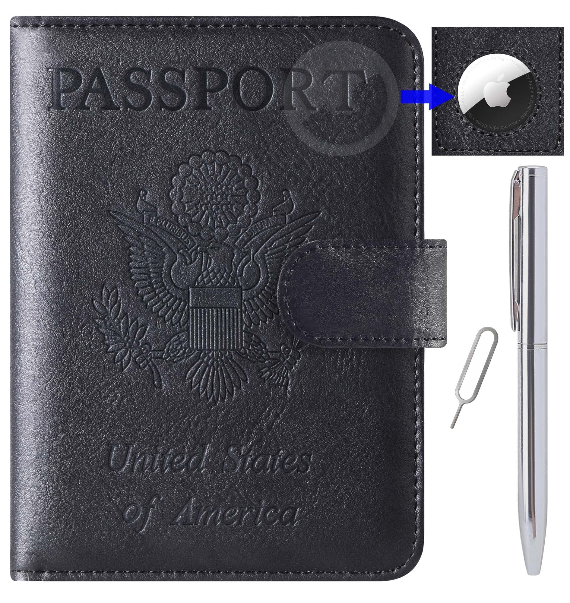 LOHASLIFE Airtag Passport Holder Cover Wallet Travel Essentials Leather Rfid Blocking Case Vacation Luggage Must Haves Travel Accessories for Men Women (117#Black)