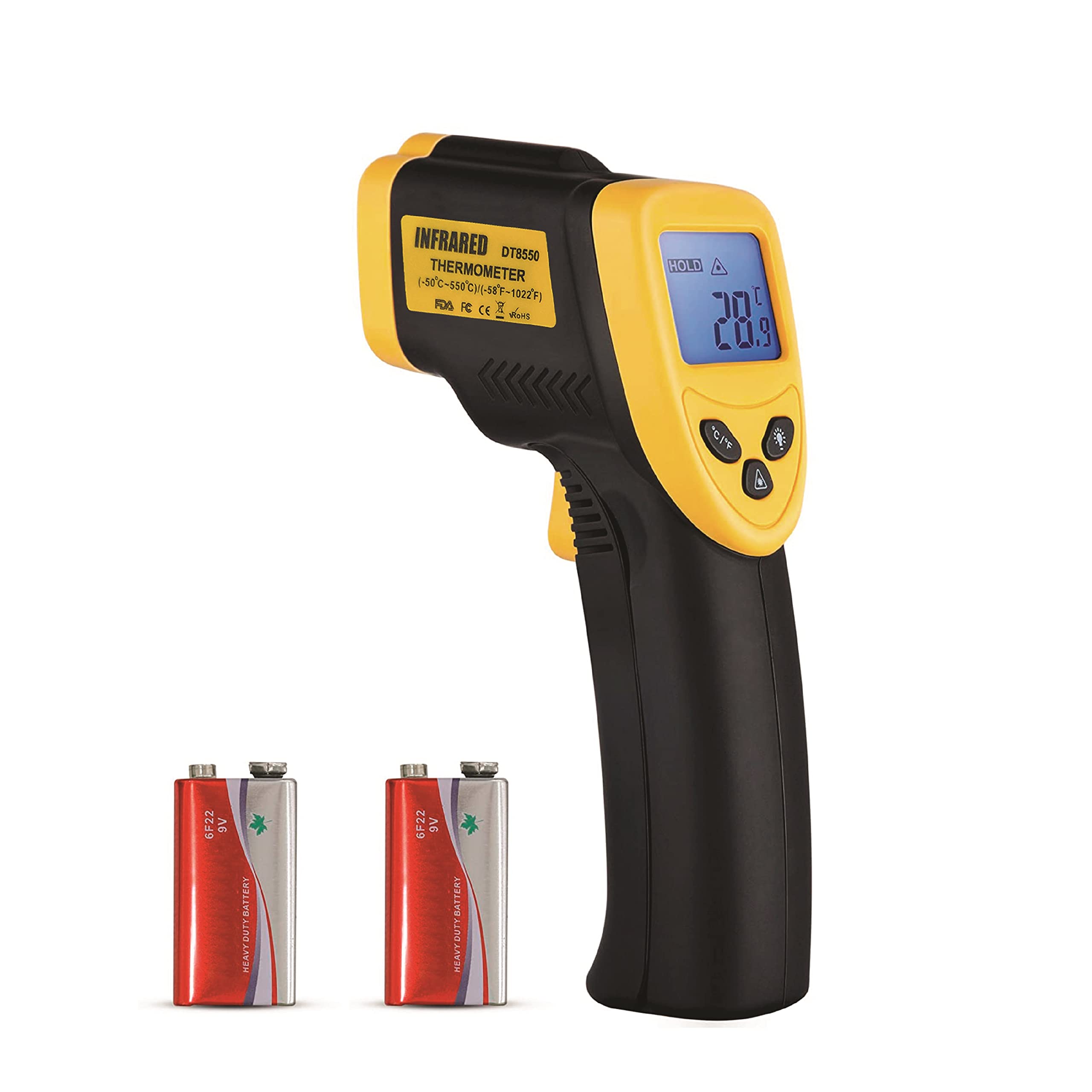 Infrared Thermometer Temperature Gun Laser Non-Contact Digital Thermometer -50℃～550℃ (-58℉~1022℉) Black & Orange, Backlight, Extra Battery, Kitchen & Industrial BBQ, Grill, Smoke (Not for Human)