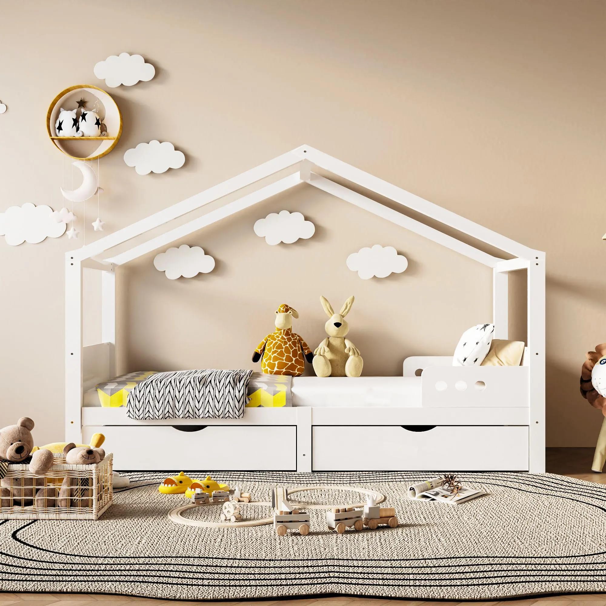 Letto Casetta Bambini 80x160 Cm - Massello Con Sponde Anticaduta | Stile Scandinavo Montessori, Bianco - Foto 8