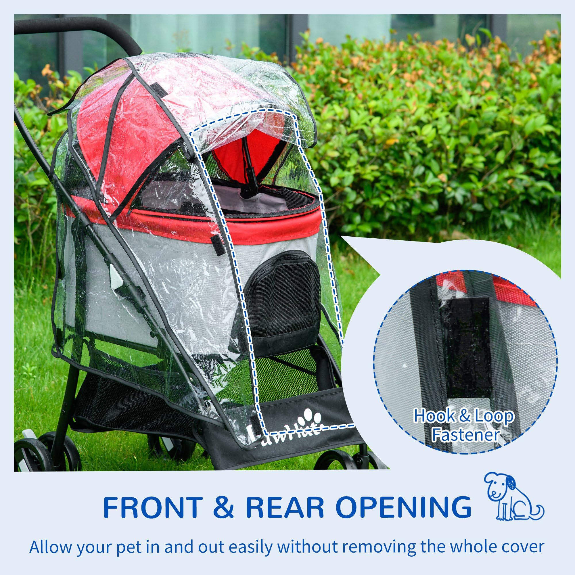 PawHut Dog Pram Rain Cover, Cover for Dog Stroller Buggy with Front, Rear Entry, Clear, 58 x 40 x 75 cm - Image 4