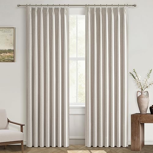 Cortinas térmicas 100% opacas para dormitorio, cortinas plisadas de lino con ganchos, cortinas rústicas modernas para oscurecer la sala de estar, 84