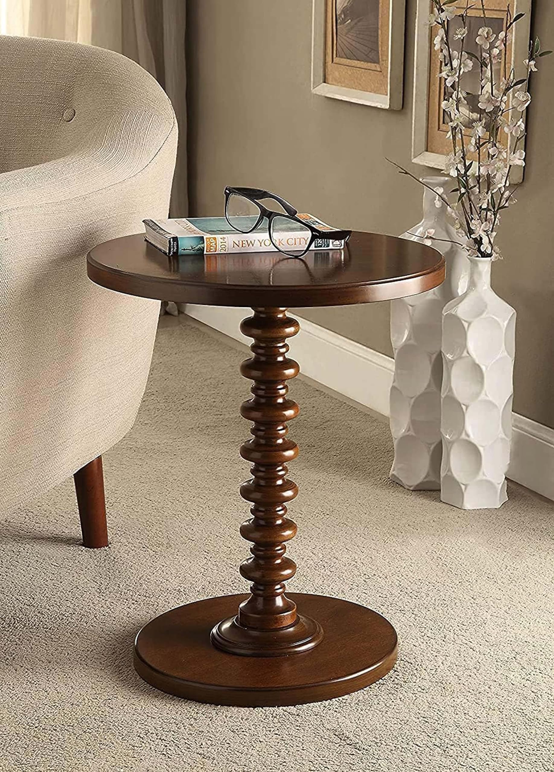 Round Pedestal Side Table, Accent Furniture Nightstand Decor for Bedroom and Coffee End Table for Living Room, Walnut, Medium-image-1