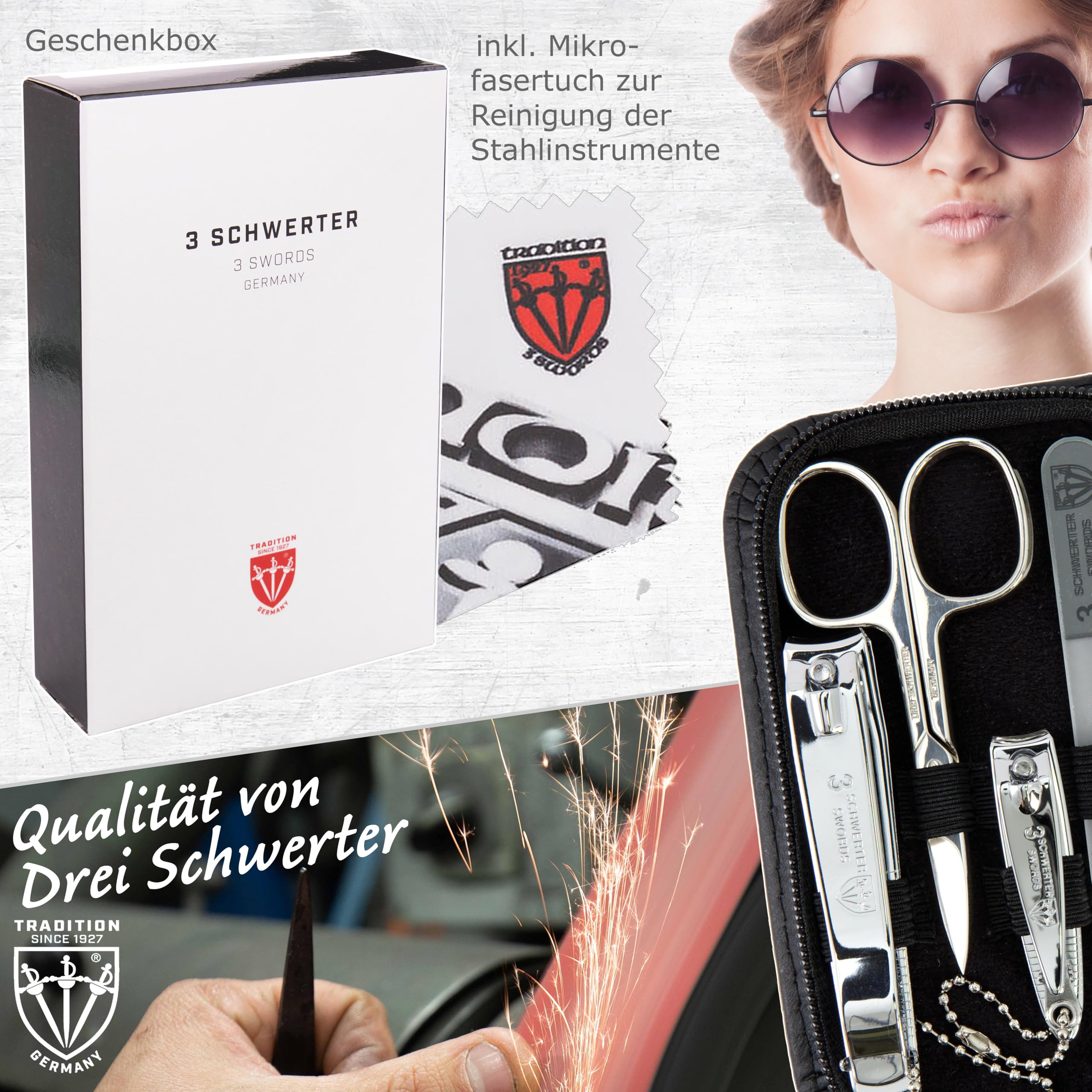 DREI SCHWERTER - Kit de manucure « Roma » – Étui à ongles avec 8 instruments : ciseaux à ongles, ciseaux à cuticules, coupe-ongles pied/doigts, cure-ongles, pince à épiler, lime à ongles en verre