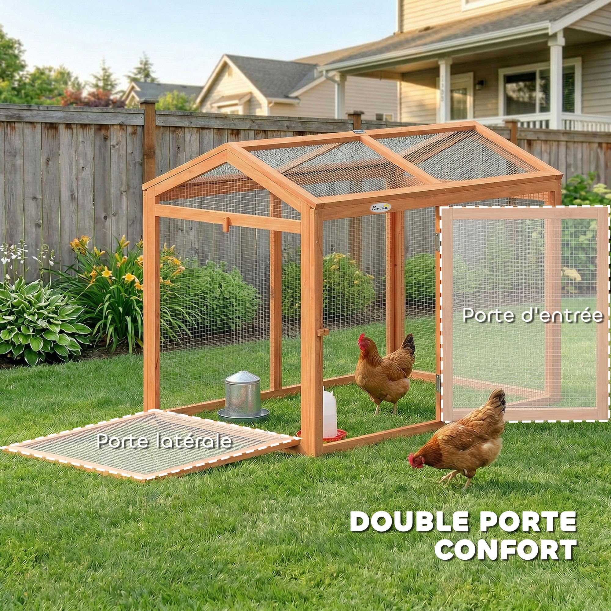 PawHut Recinto - Gallinero combinable, 2 gallinas, 104 x 70,5 x 84 cm, color naranja | Madera Natural, Parque De Malla Modular Y Extensible, Gallinero De Protección, Malla Densa, Ampliación Recinto De Gallina