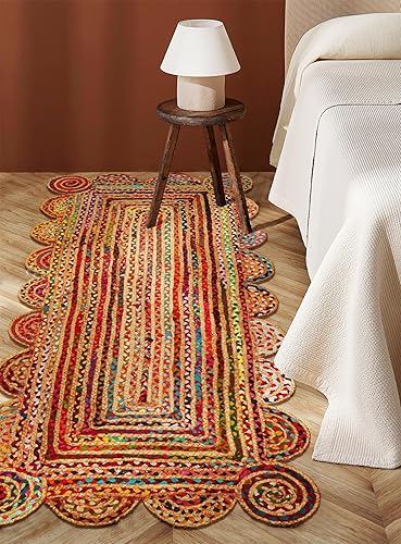 Miniatura 4 de Yute Chindi Rug - Alfombra rectangular de 2.5 x 6 pies, color natural, alfombra trenzada de yute festoneado, alfombra reversible trenzada de campo