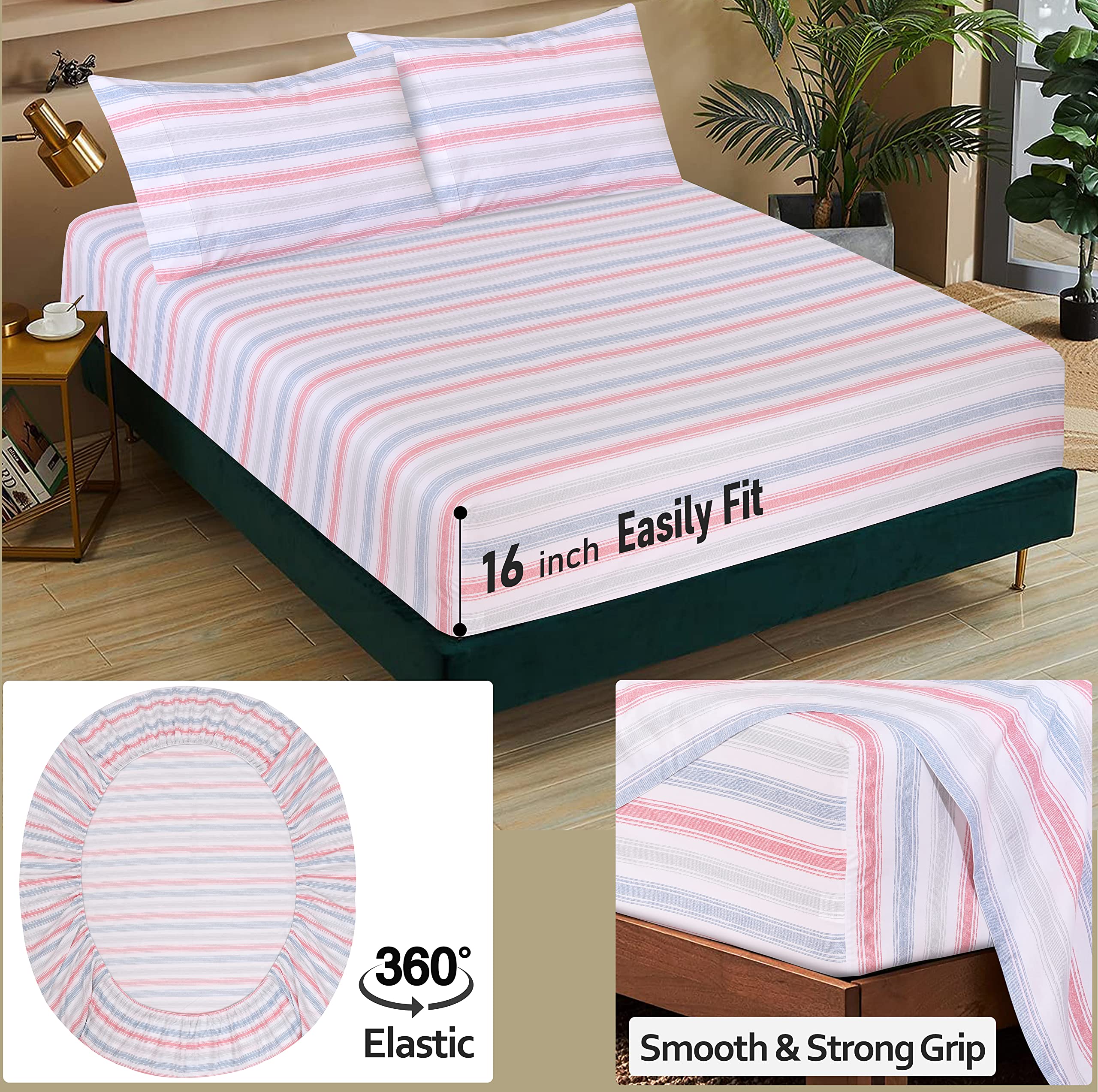 Ruvanti 100% Cotton Sheets Queen Size Set, 4 Pieces, Soft & Breathable Percale Weave Bedding, Deep Pocket 16", Hotel Standard, Crisp Cool Feeling, Durable, Striped Bed Sheet, Times