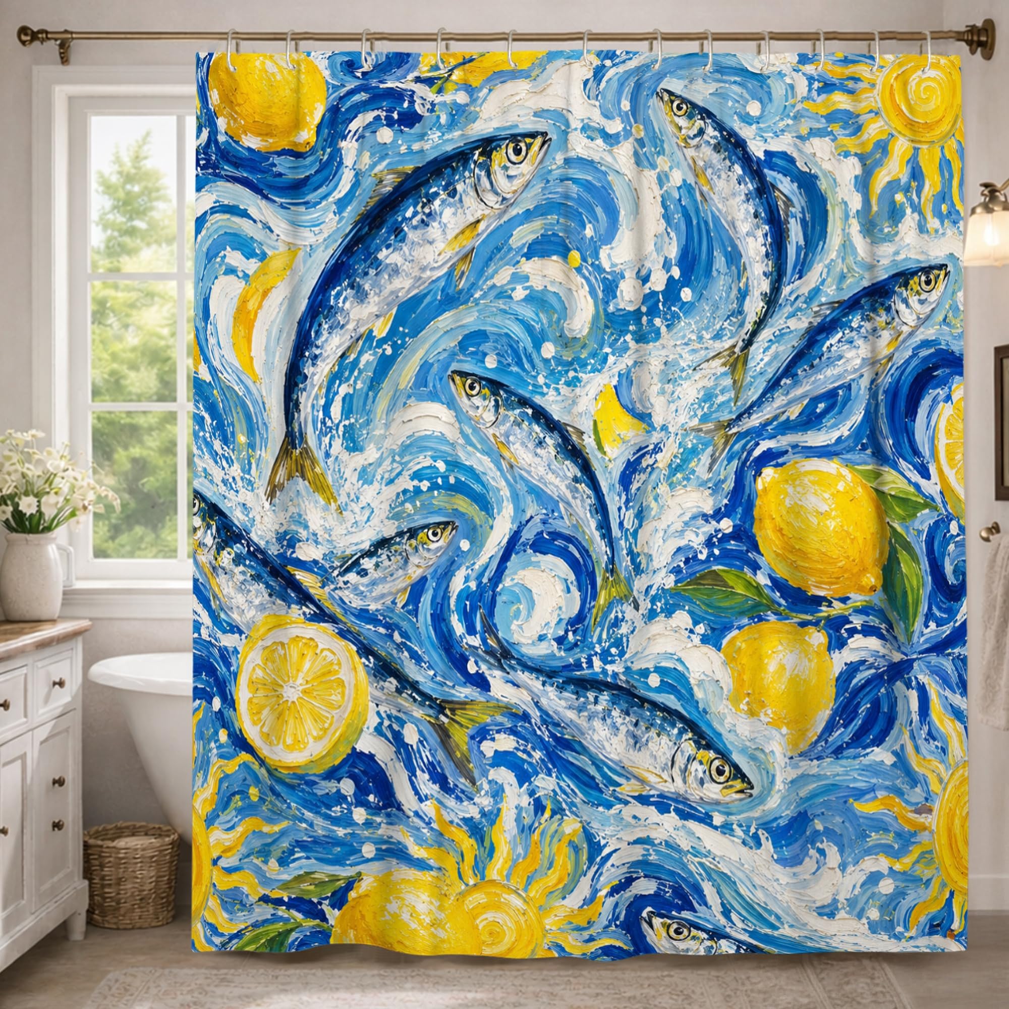 Rideau de douche motif poissons côtiers en tissu haut de gamme pour douche italienne