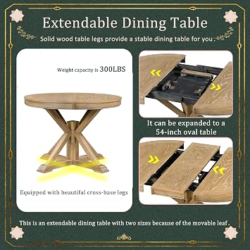 LUMISOL Round Dining Table Set for 4, Farmhouse Kitchen Table Set with Extendable Round Dining Table & 4 Upholstered Chairs, 5-Piece Solid Wood Table and Chairs Set for Dining Room, Natural