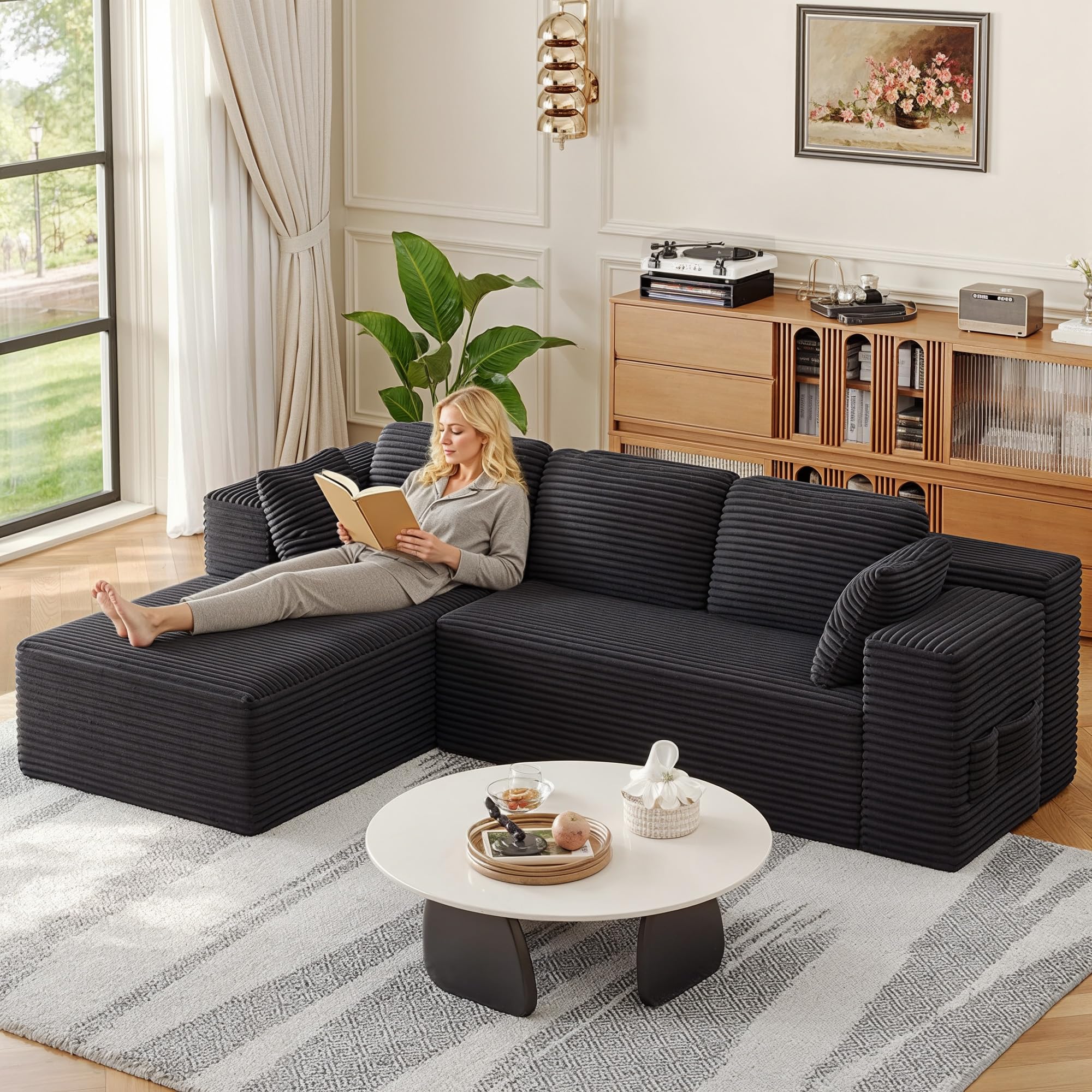 Xbro Divano Angolare a L 3 Posti Componibile, Divano con Chaise Longue Sinistra in Velluto a Coste, con Tasche Laterali e Cuscini, per Soggiorno Appartamento, 250x160x62 cm, Grigio Scuro