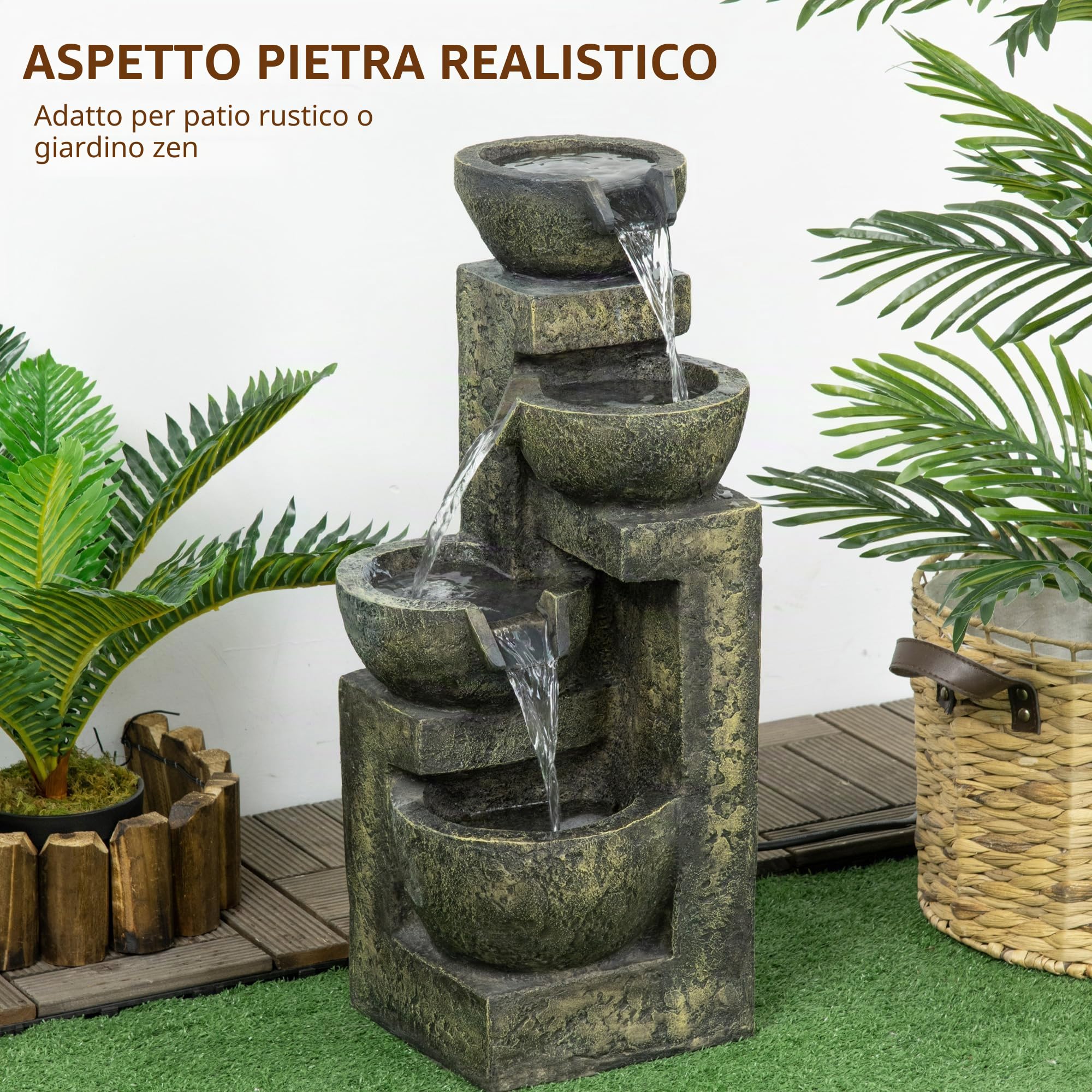 Outsunny Fontana con flusso regolabile 25x24x60cm Nero | Fontana da giardino in resina per esterno, vasca decorativa, fontana ornamentale 4 livelli, per prato giardino terrazza