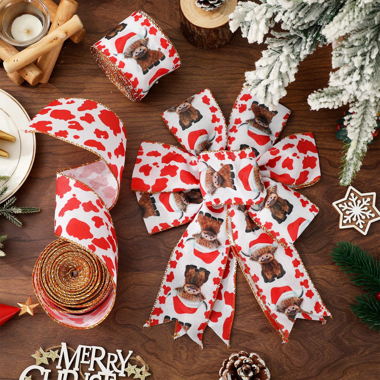 JarThenaAMCS Weihnachtsband mit Drahtrand, Hochlandkuh, Bastelband, rote Kuh, gepunktet, Stoffband für Kranz, Schleife, DIY, Verpackung, Party-Dekoration, 2 Rollen, 20 Meter