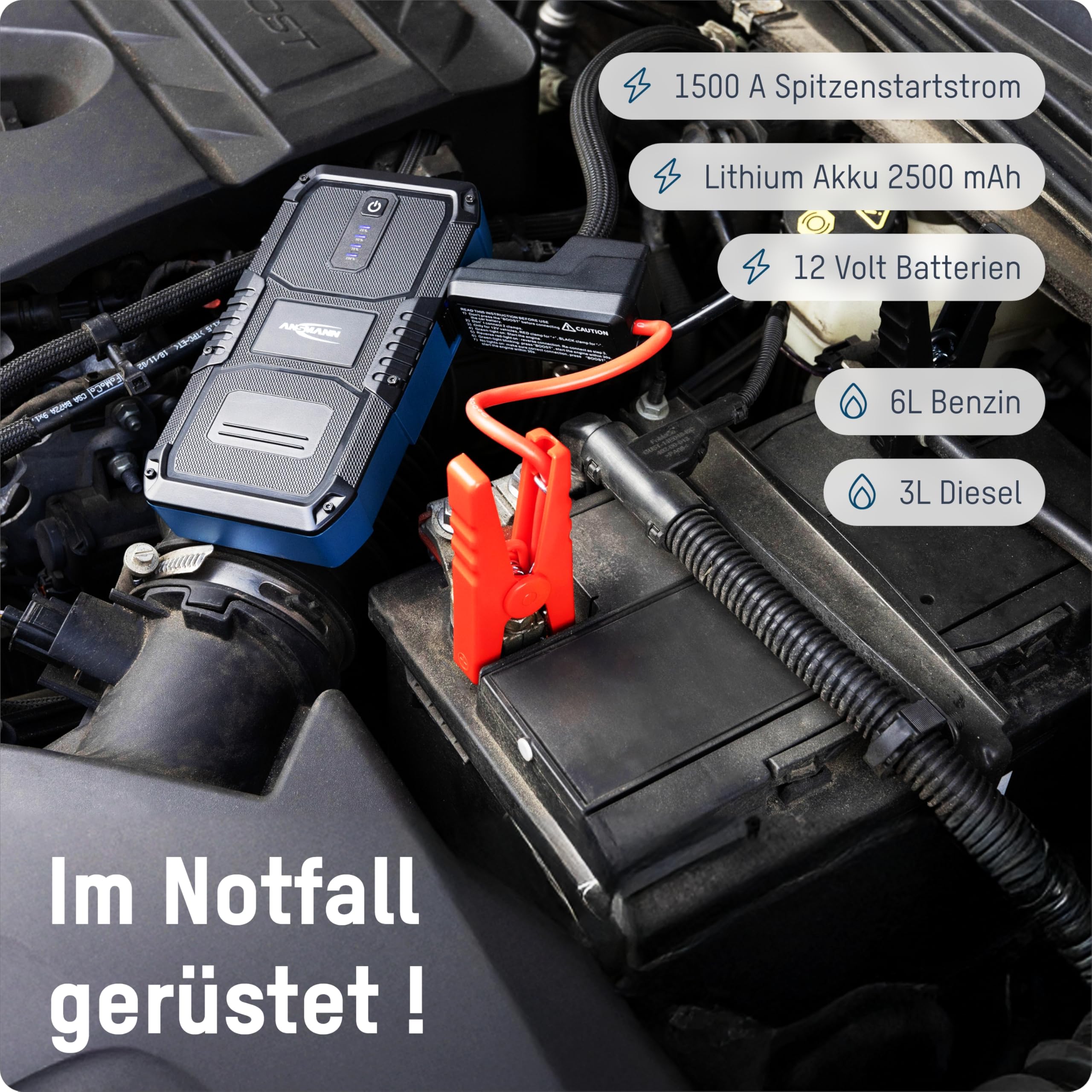ANSMANN Starthilfe-Powerbank, 1500A, 12V Fahrzeugbatterien, kompakte Starter-Powerbank für Auto, Motorrad & Boot, mit Taschenlampe, 6L Benzin 3L Diesel, schwarz, blau