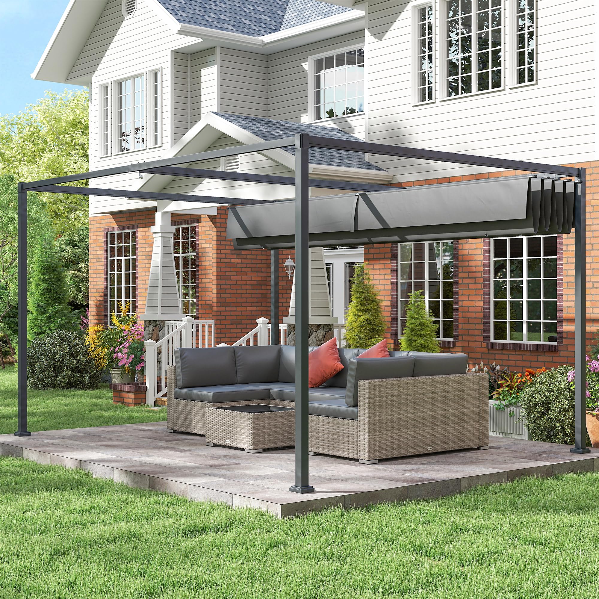 Outsunny Pergola coulissante pergola rétractable 4 x 3 m Structure métal époxy anticorrosion Toile Polyester Haute densité 180 g/m² Incluse Gris foncé