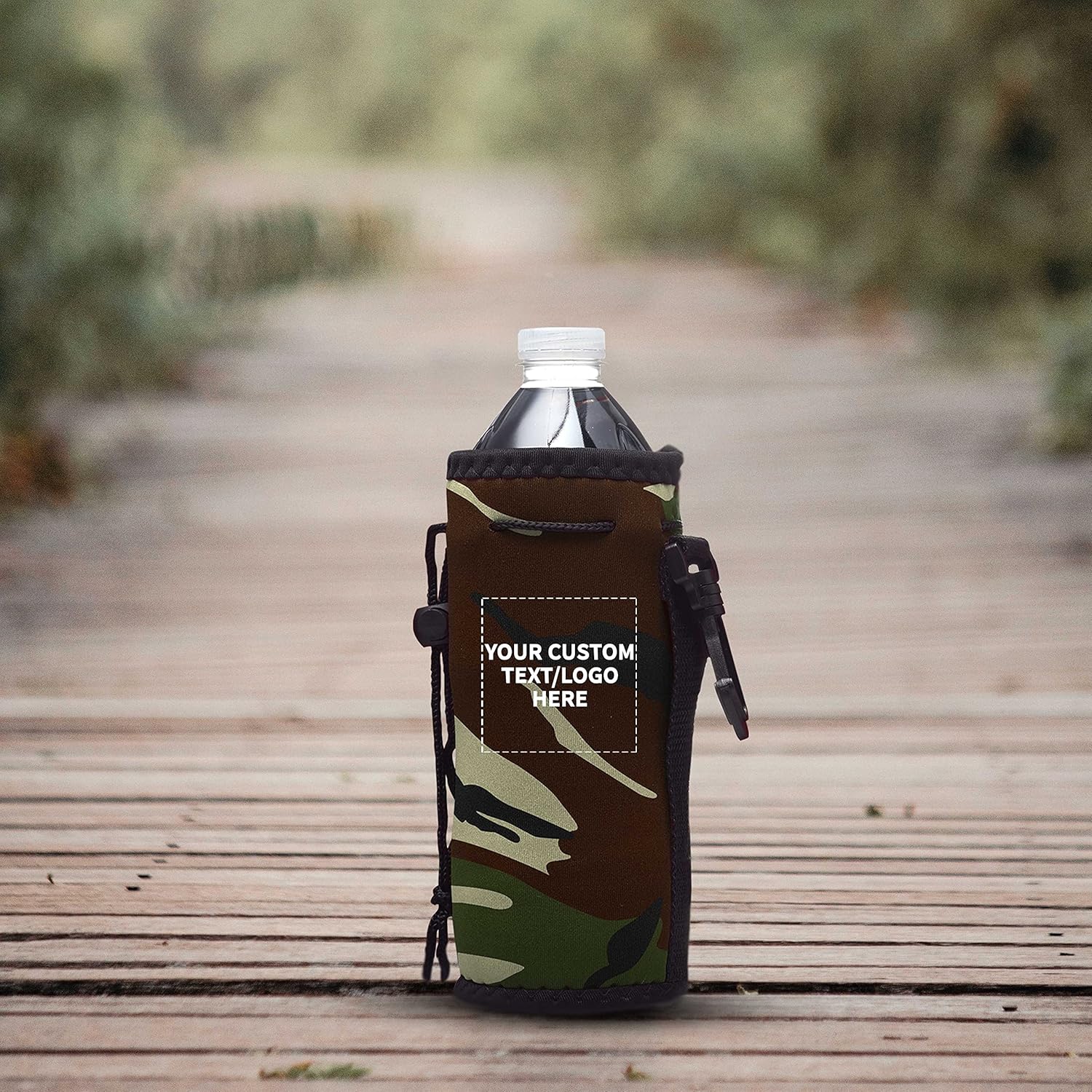 10 Neoprene Water Bottle Drawstring Insulators Pack - Customizable Text, Logo - 12 oz. Longneck, Hook - Camo1