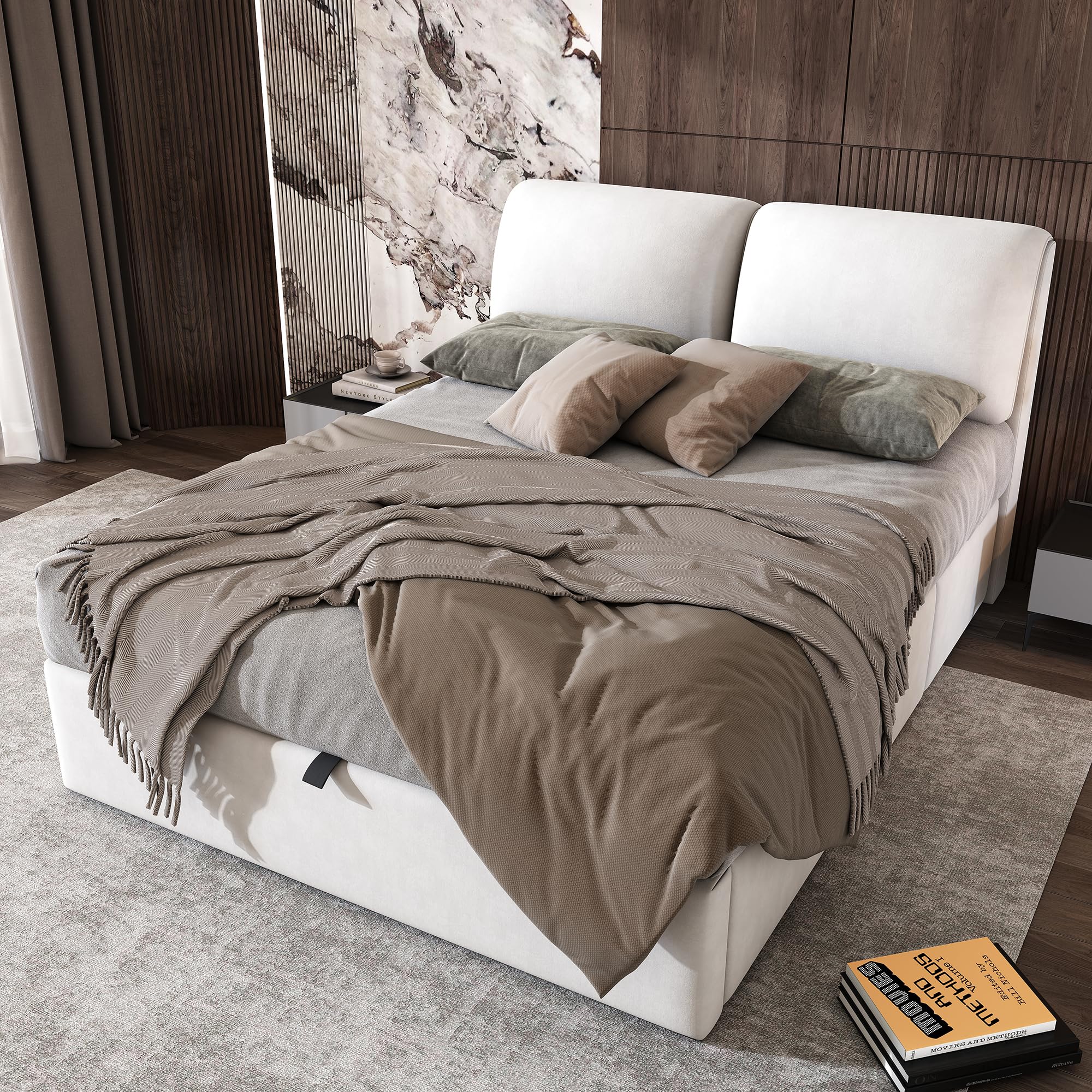 Sapgaks Lit Coffre 140 x 190 avec sommier à Lattes et Trois tiroirs,Cadre de lit 1 Personnes140 x 190 avec Rangement et tête de lit,sans Matelas,Velours,Beige