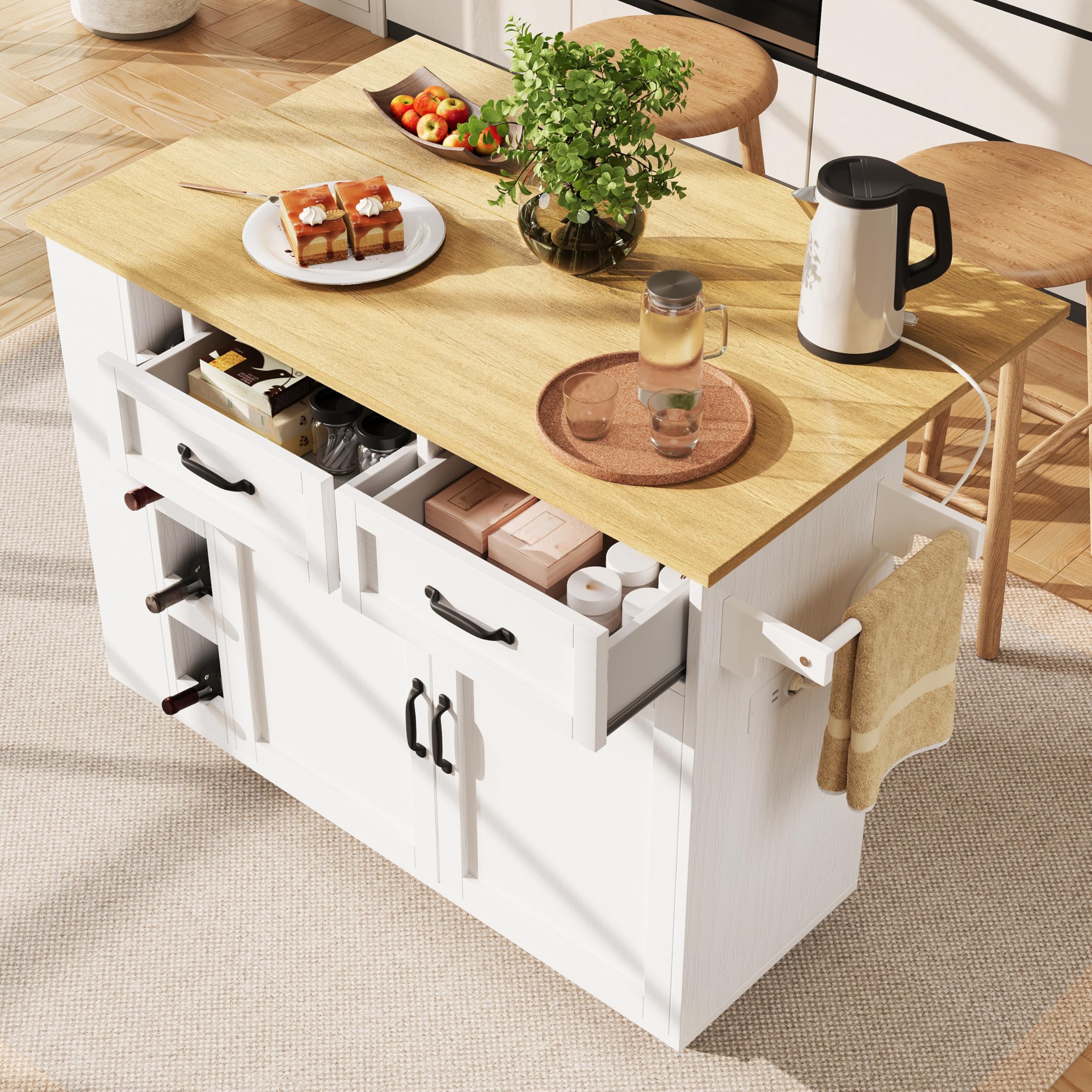 Ymkua Carrello da Cucina, Isola da Cucina con Piano di Lavoro Pieghevole e Cassetti, Mobile Buffet con Presa di Corrente, Bianco, 131.5x76x90.7 cm