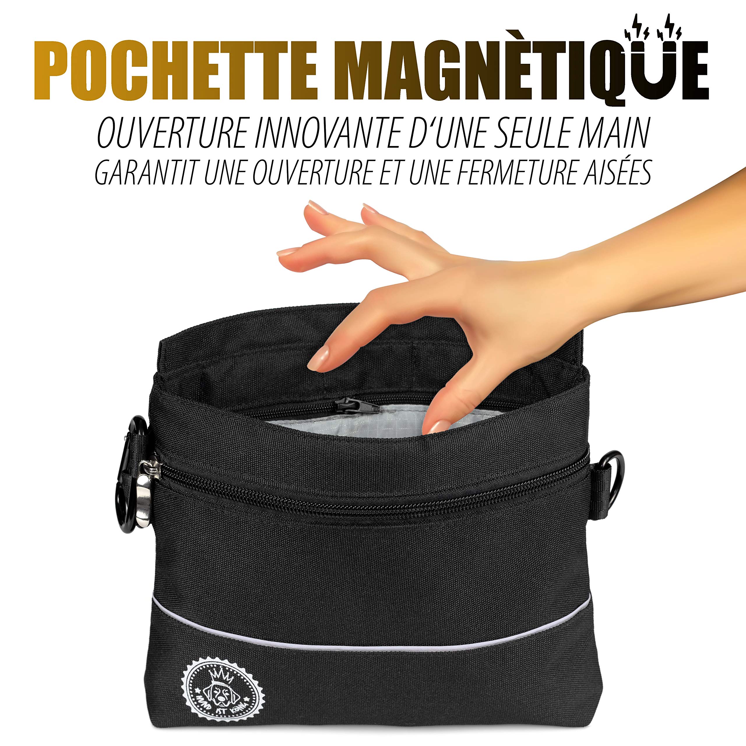 HUND IST KÖNIG Sac à friandises pour chien avec poche magnétique une main, 2 poches à fermeture éclair, poche intérieure amovible, bandoulières rembourrées, parfait pour le dressage des chiens