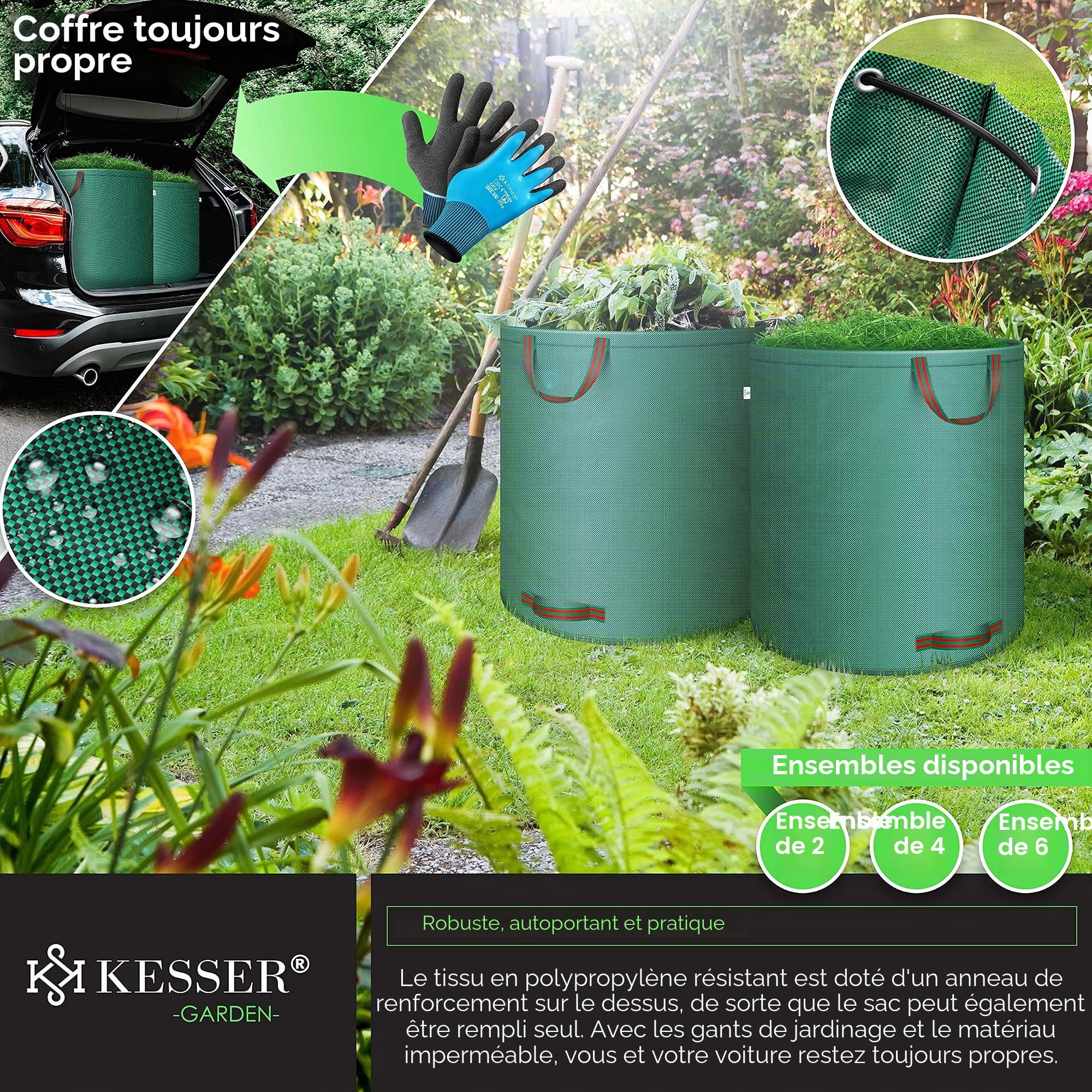 KESSER® Sac de jardin 4x 500L Set sac à feuilles Sac à déchets de jardin incl. gants - Autonome 4 poignées Stable Robuste Pliable Sacs à feuilles Tontes de gazon Sacs jardin pour déchets jardin Vert