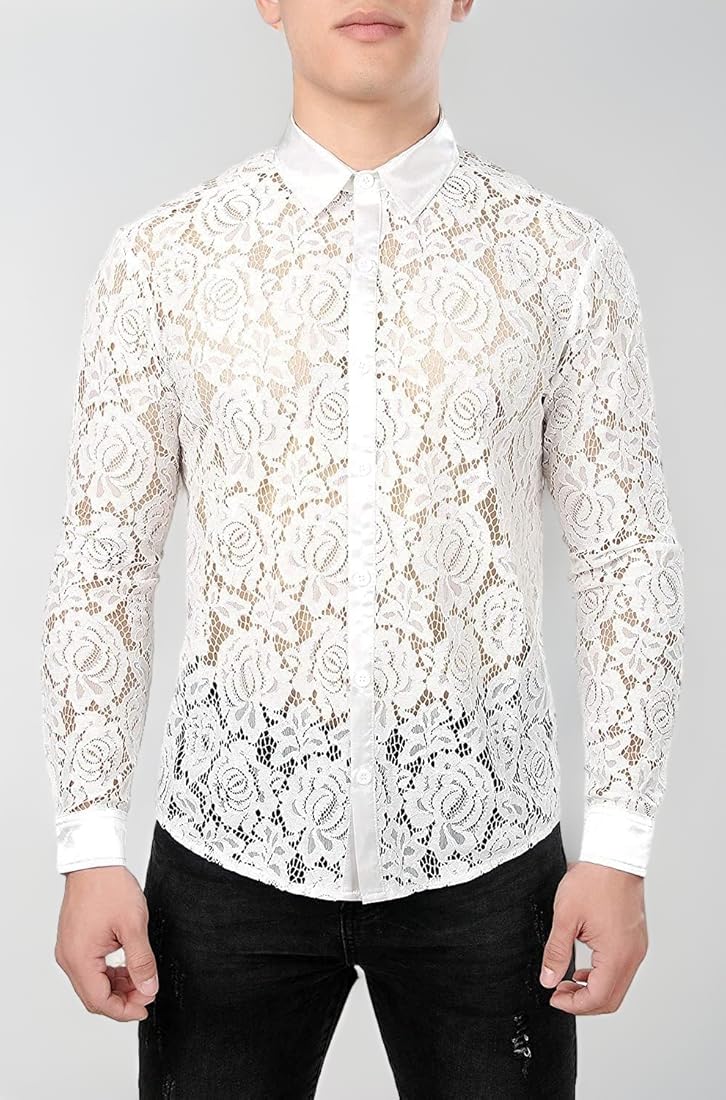 Mens Floral Button Down Shirt Lace Floal Casual Button-Down Shits