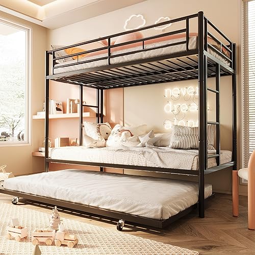 SUNLEI Metal Bunk Beds with Double Secured Ladders, Twin Bunk Bed with Surrounded Safety Guardrails, Space Saver Twin Beds, Noise Free for Small Bedroom, with Trundle Function, Black