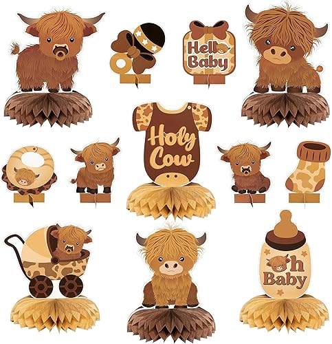 12 centros de mesa de panal de vaca de las tierras altas, color marrón, ganado de las tierras altas, decoración de mesa de fiesta de baby shower,