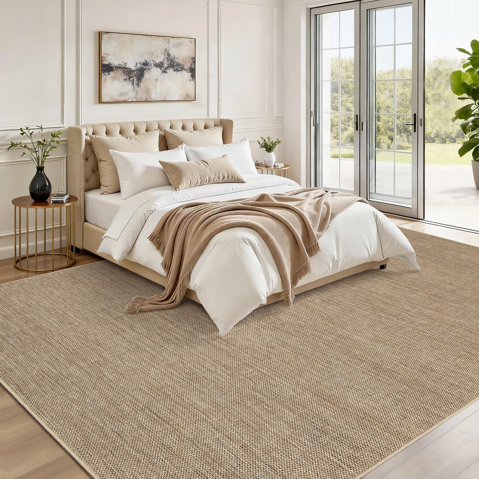Tappeto effetto iuta per interni ed esterni, 160 x 230 cm, tappeto moderno in tinta unita con fondo antiscivolo, lavabile, a pelo piatto, neutro, per soggiorno, camera da letto, colore lino