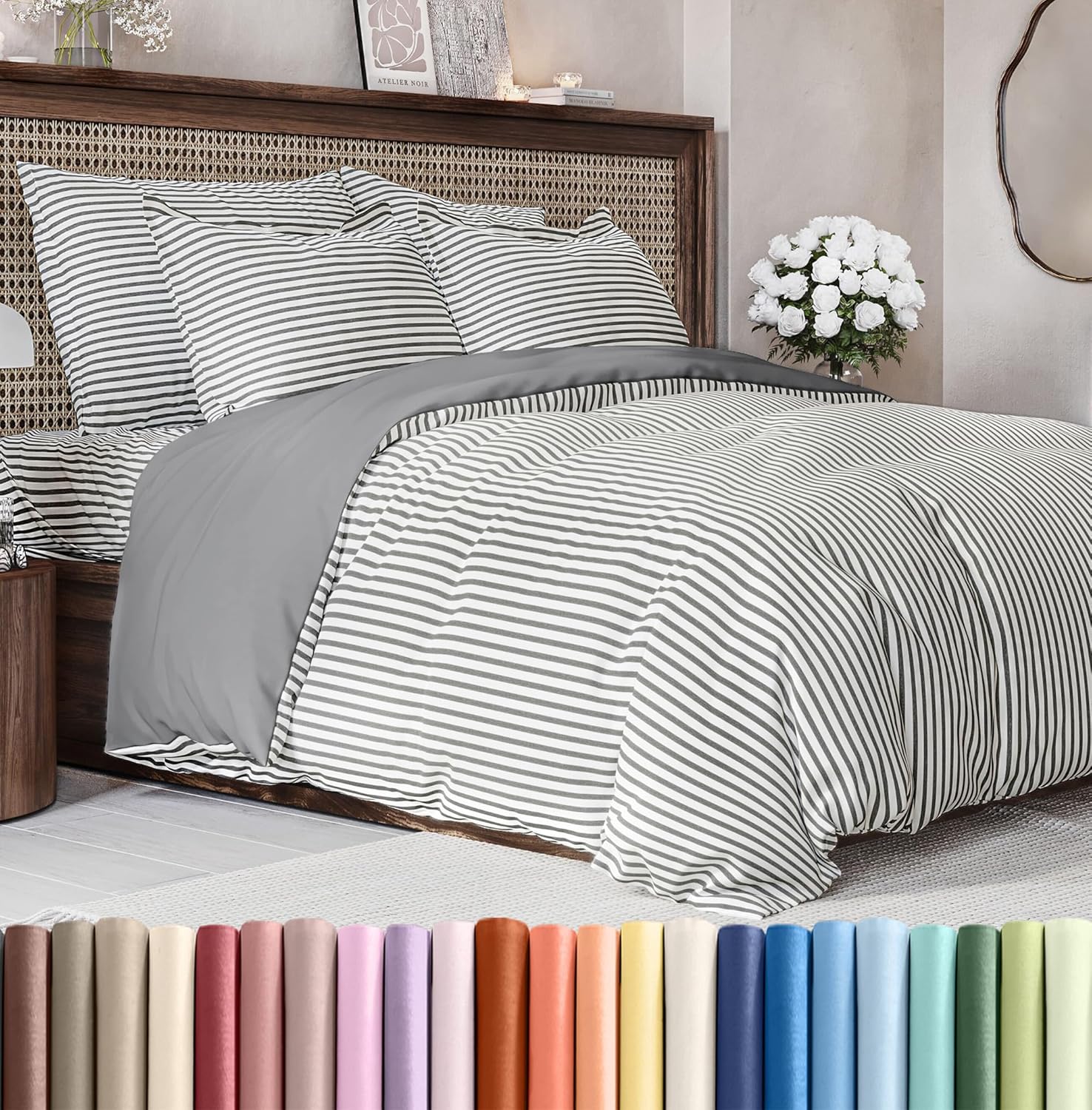 Duvet Cover King Size Set - Extra Soft King Size Duvet Cover 104 x 90 with 2 Pillow Shams - Hotel Luxury Easy Care and Fade Free w/Zipper Closures & Ties - Comfy Breathable Bedding Set (Grey Stripes) 43 - Grey Stripes 2 (No Comforter) King (104x90)