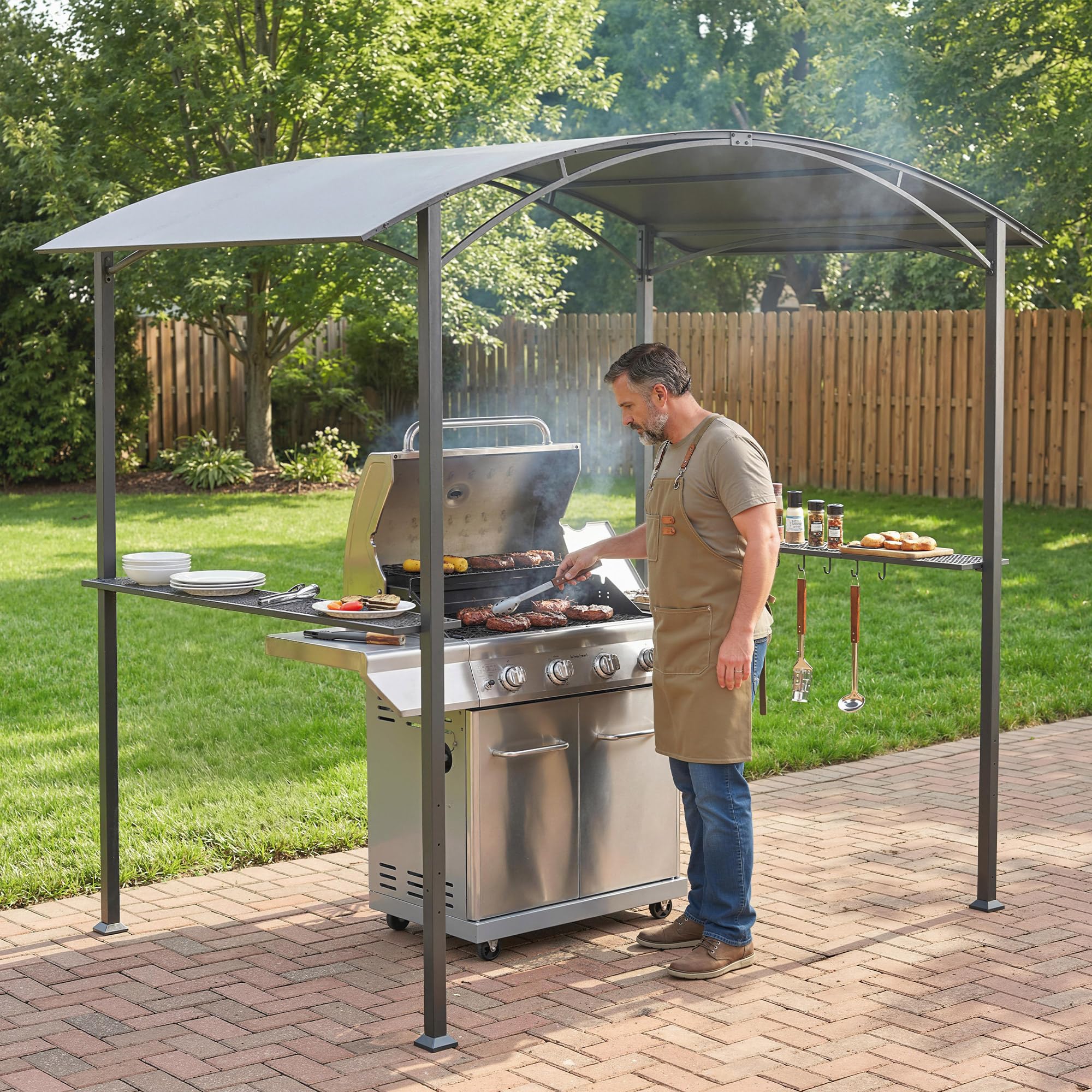 Outsunny Abri pour Barbecue avec Crochets 245 x 152 x 218 cm Gris Foncé | Tonnelle de Jardin, Tonnelle Barbecue Exterieur, en Acier, avec Étagères Latérales, pour Terrasse Jardin Cour