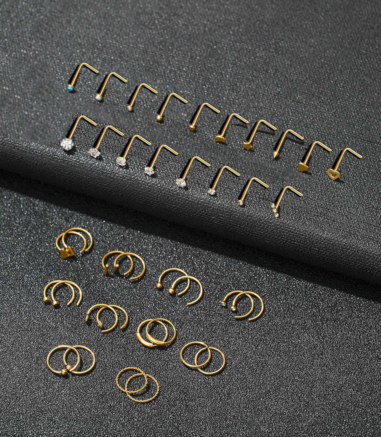 Tornito 20G 38Pcs Stainless Steel L Bone Screw Shaped Nose Studs Nose Rings CZ Hoop Tragus Cartilage Nose Ring Labret Nose Piercing Jewelry for Men Women Rose Gold Tone - Image 5