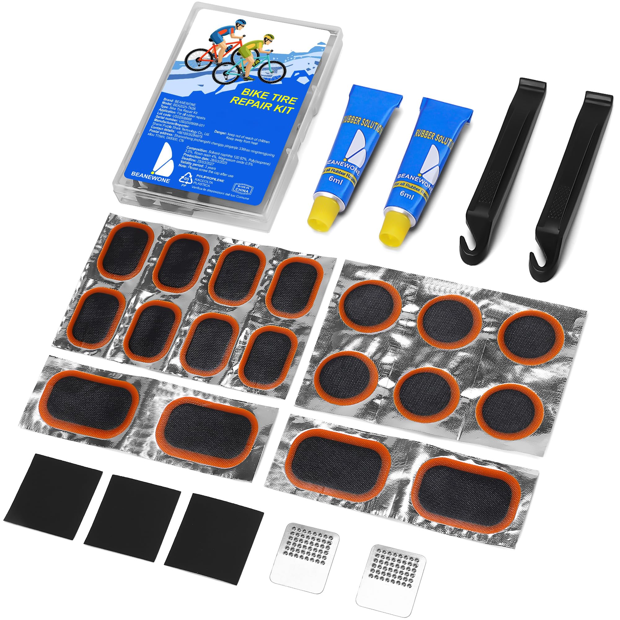 Beanewone Kit Riparazione Bici, Kit Riparazione Pneumatici Bici con 18 Toppe, 2 Soluzioni in Gomma, Barra per Pneumatici e Lima in Metallo - Adatto per Biciclette, Moto e Camere d'Aria Gonfiabili