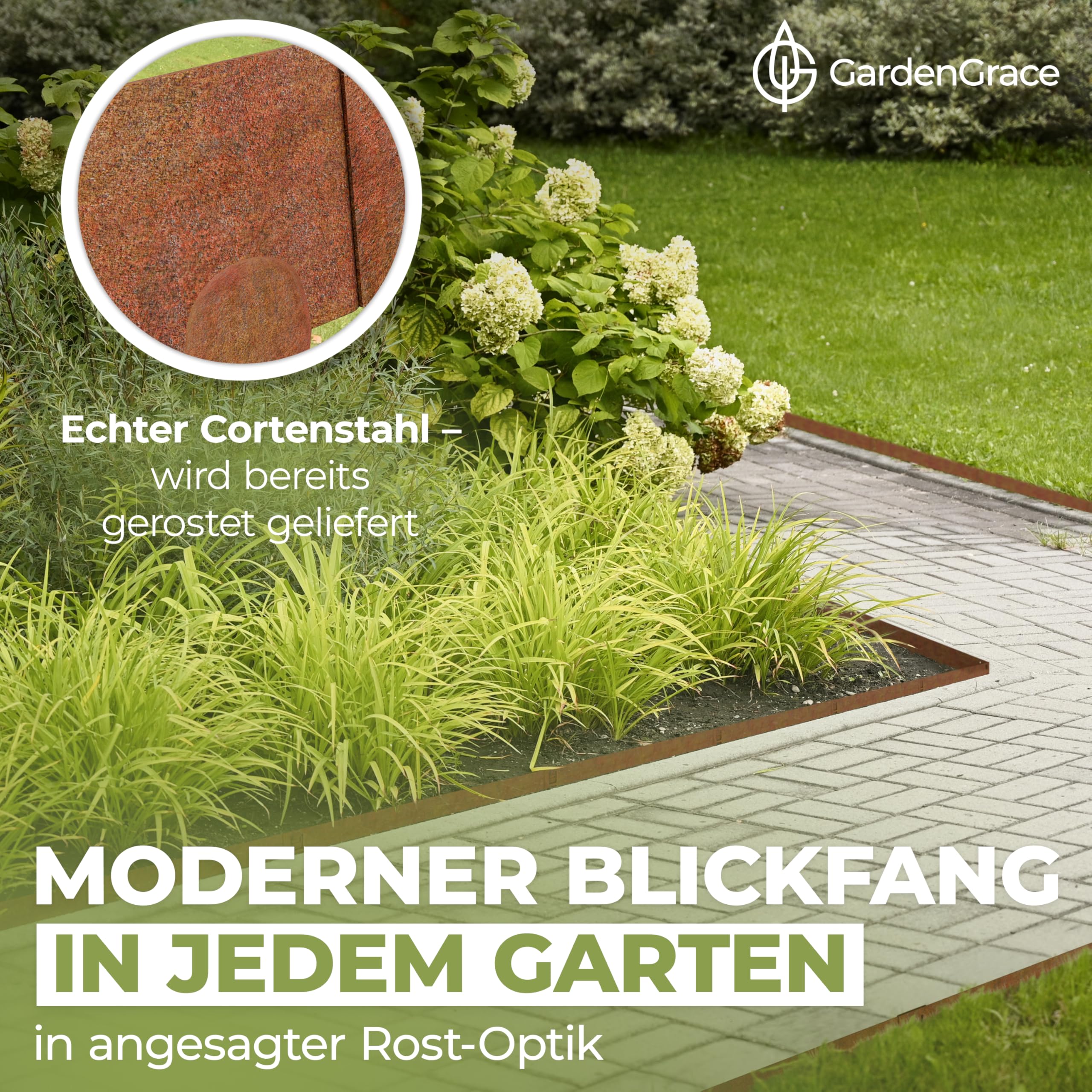 GardenGrace Cortenstahl Rasenkante 5 x 1m (1,5mm dick, 16cm hoch) - Premium Beeteinfassung Metall - Flexible Beetumrandung aus Edelrost Stahl für den Garten, Rasenbegrenzung