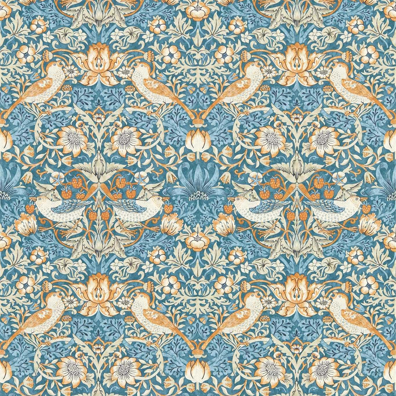 Yöl Denim/Spice Strawberry Thief Wallpaper - Blue - Floral Birds Flowers - Classic Paste The Wall Non-Woven