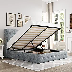 Allewie Full Size Lift Up Storage Bed, Button Tufted Headboard with Wingback, Hydraulic Support, No Box Spring Needed, Grey Blue
