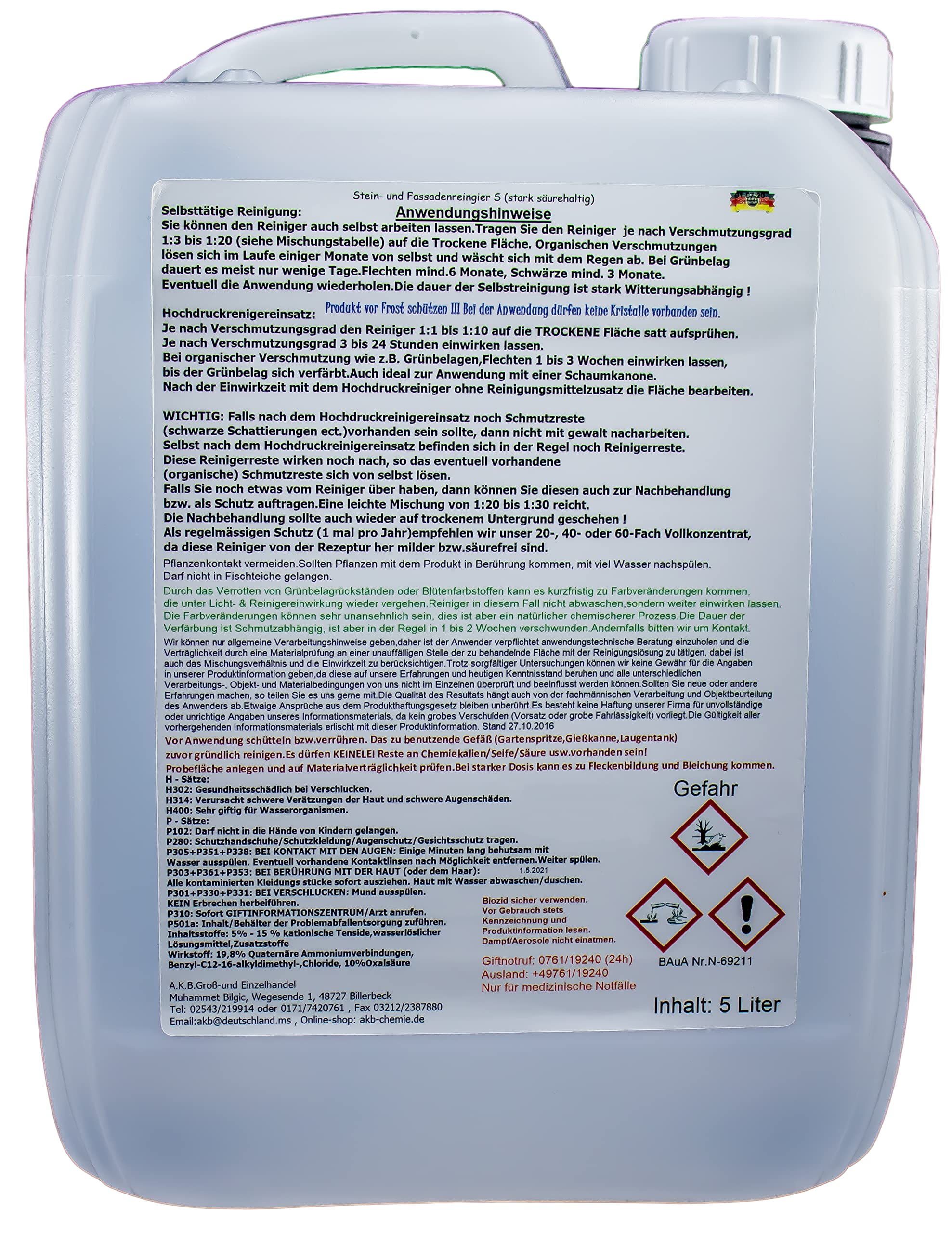 A.K.B. Steinreiniger und Fassadenreiniger S Konzentrat bis 3000m², 0531(5L) Flechtenentferner,Dachreiniger, Grünbelagentferner (bedingt für Farbiges)