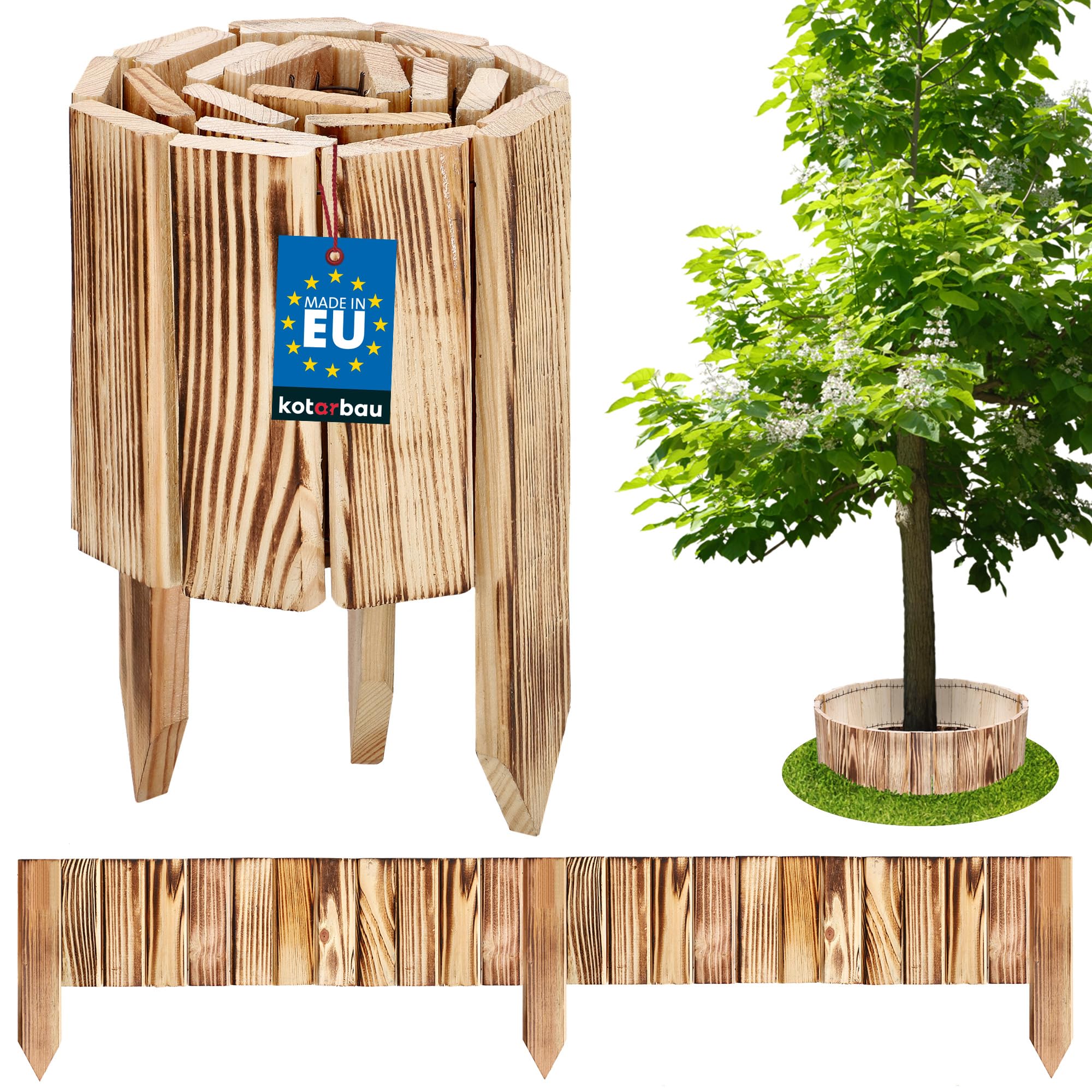 KOTARBAU® Lawn Edging - Garden Edging Border - Pine Wood - 110x15 cm (43.3x5.9 inches) - Burnt Wood - Flexible Log Roll Border - Wooden Mini Fence - Garden Decoration — image 1