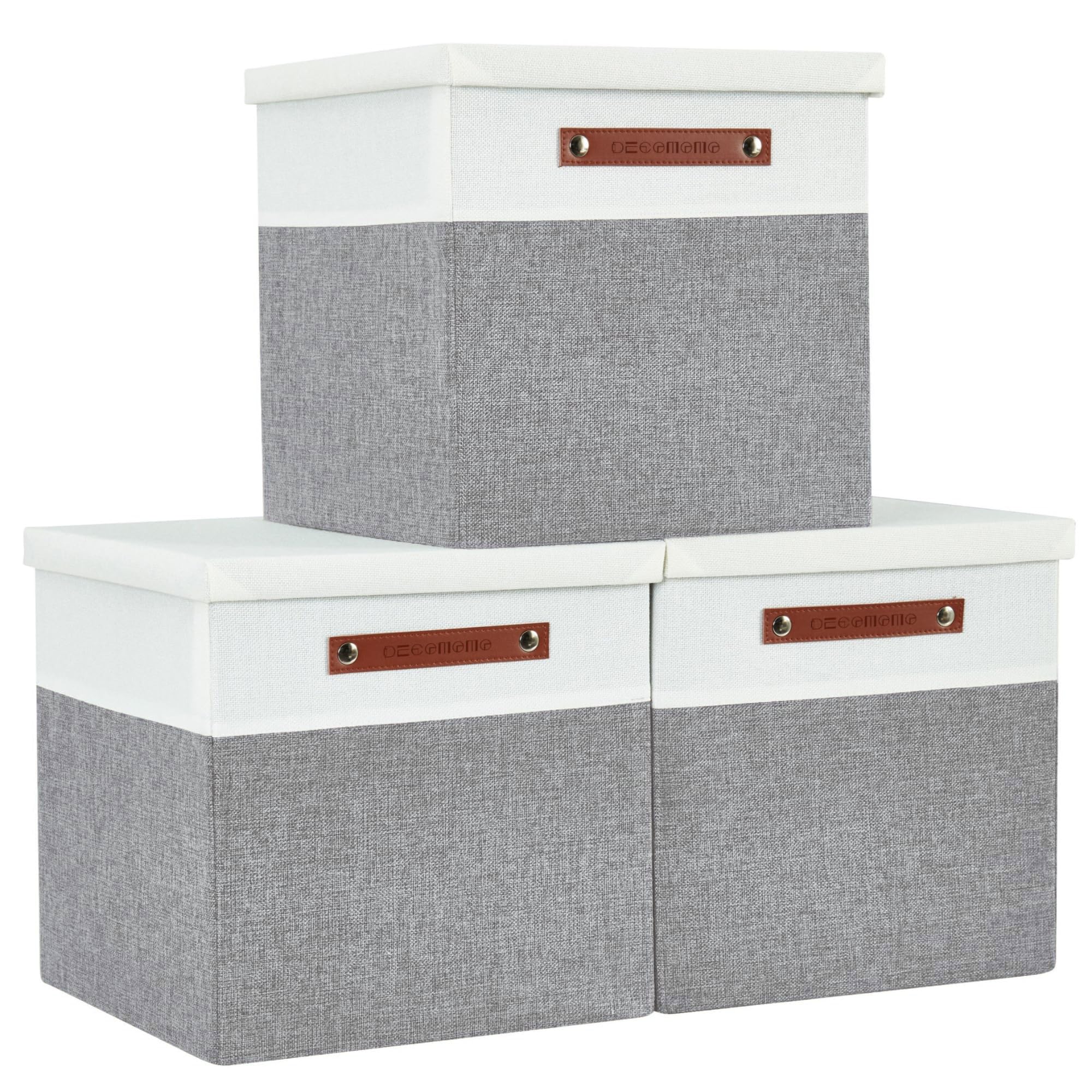 DECOMOMO Storage Basket with Lid, Storage Cubes with Handles, Fabric Box with Lid (Grey and White, 13” / 3 Pack)
