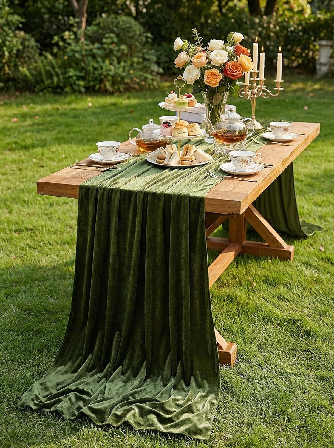 Olive Green Velvet Table Runner: 4 Packs 20x120 Inch Soft Luxurious Velvet Fabric - Wedding Reception Decorations