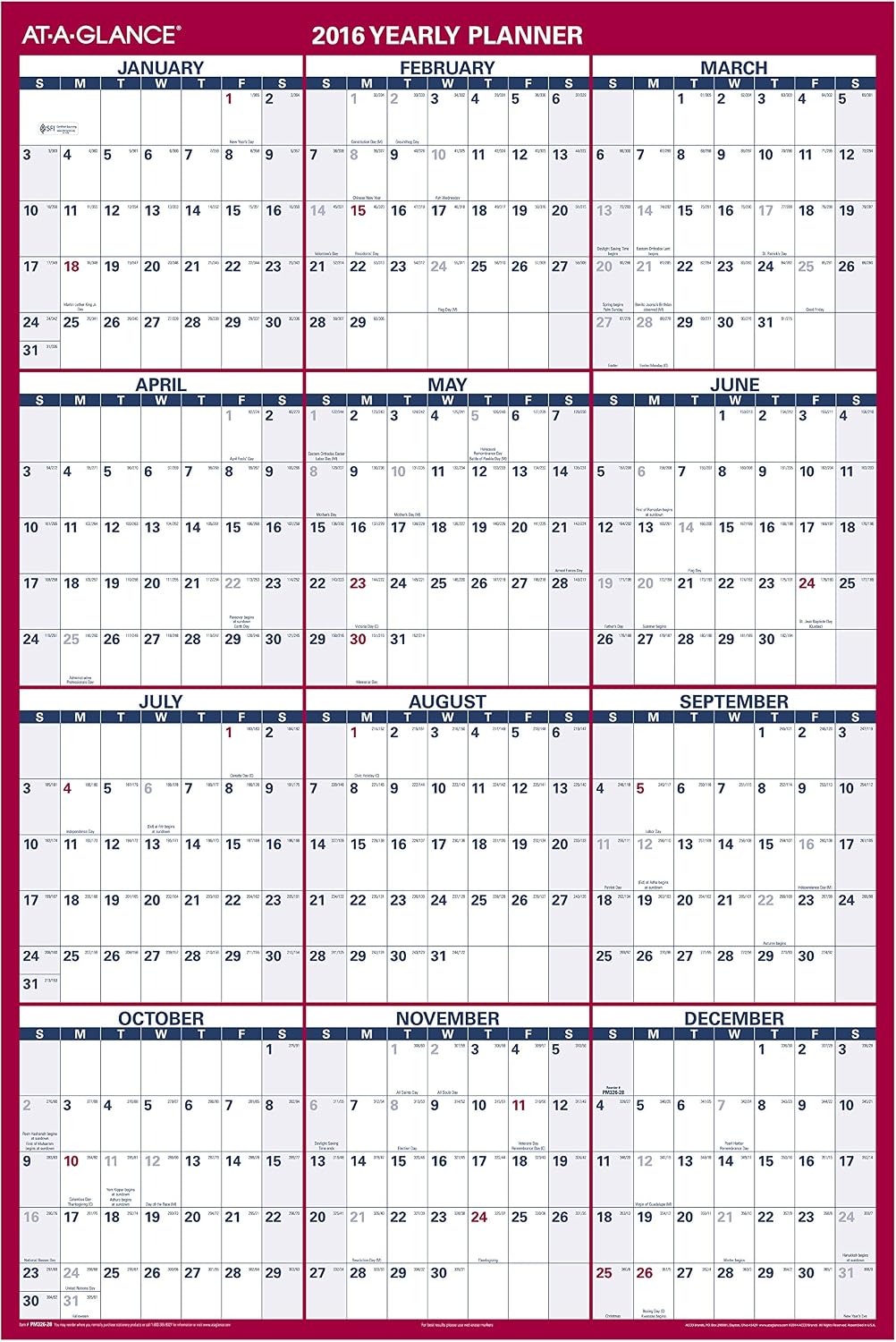 AT-A-GLANCE 2016 2-Sided Erasable Yearly Wall Calendar, 48 x 32 Inches (PM326_16)