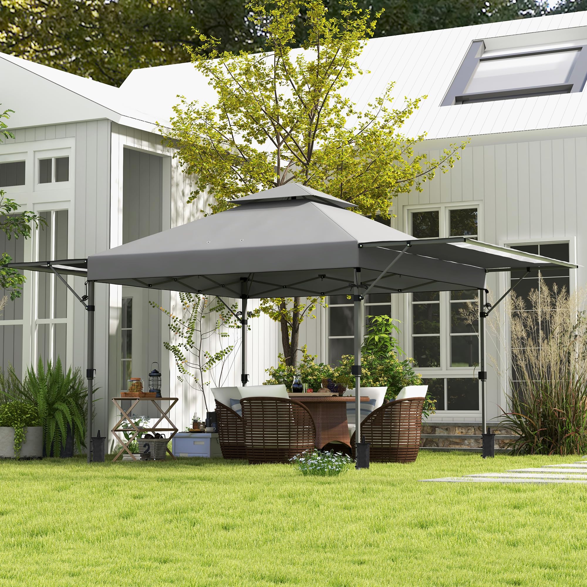 Outsunny Tonnelle Pop-up Jardin Barnum Pliant 5 x 3 m, Tissu Oxford avec 2 parois réglables, Facile à Monter, Sac à Transport à roulettes Inclus Gris