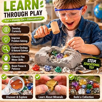 LotFancy Gemstone Dig Kit, Excavate 20 Real Gems, Science Kit for Kids Age 8-12, Educational Toy, Birthday Gift for Boys Girls with Mining Tools