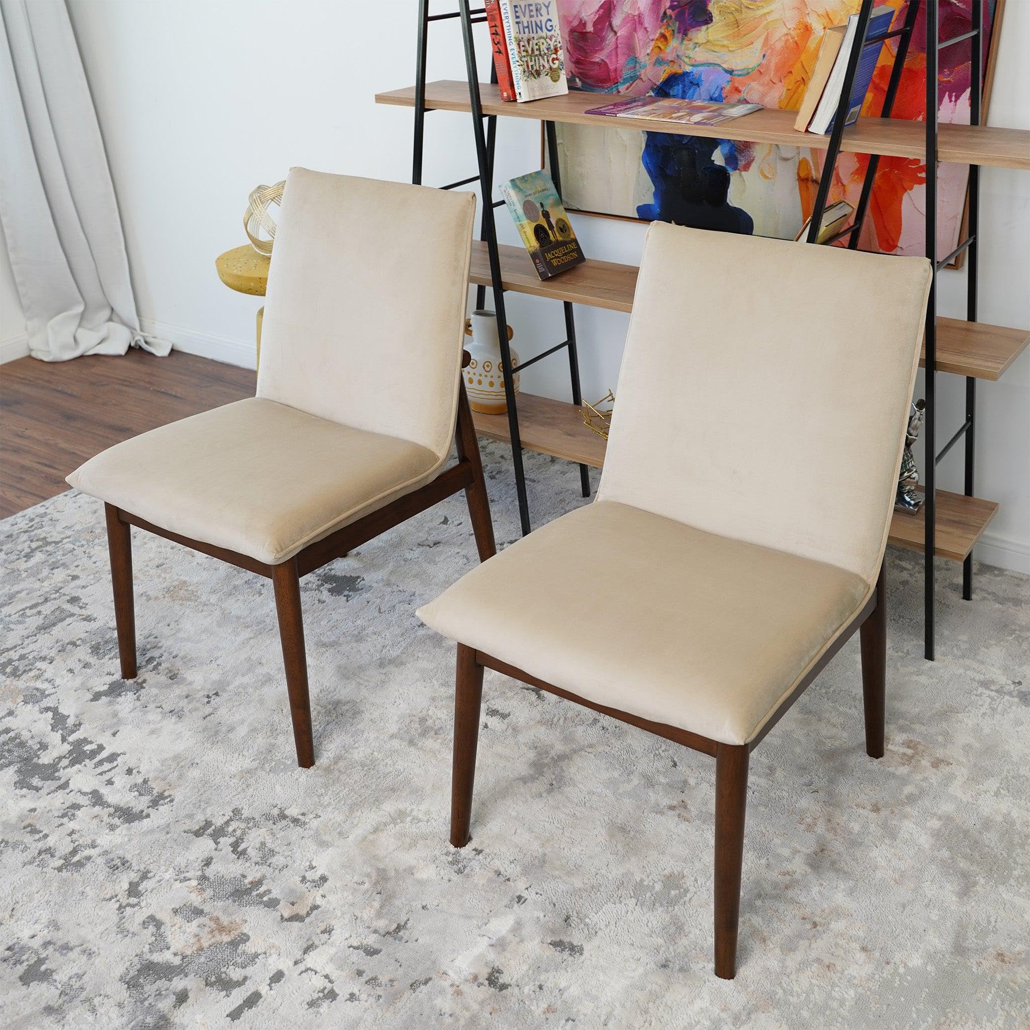 mid century modern dining chair set of 2, velvet upholstered kitchen chairs with solid wood legs & padded seat, armless dining room chairs for restaurant banquet office, beige