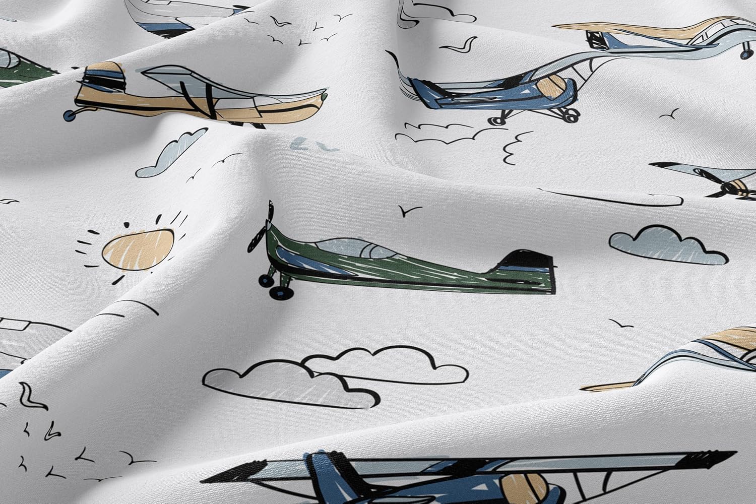 Sweet Jojo Designs Vintage Airplane Boy Queen Sheet Set Flat Fitted Bed Sheets Pillow Covers Kids Childrens Adult Bedding 4pc Grey Green Blue White Yellow Airplanes Plane Transportation Clouds Sun Sky