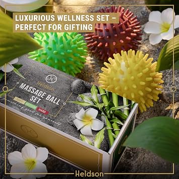 HELDSON Spiky Massage Ball Set 3 Pcs – Trigger Point Balls Soft to Hard | Dermatest excellent, 3 firmness levels from soft to hard, spike balls for feet, back & neck, incl. reflexology charts