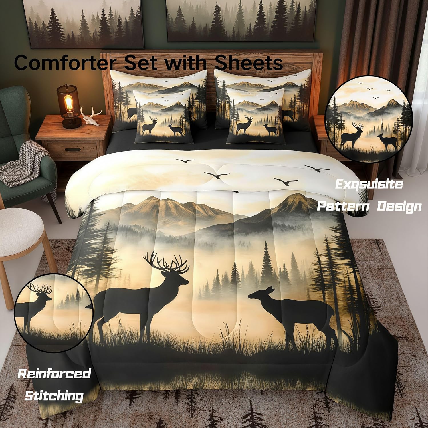 jejeloiu Western Rustic Cute Deer Queen Comforter Set with Sheets for Kids Boys Girls Deer Hunting 7 Pieces Bedding Set Country Farmhouse Bed in a Bag Foggy Mountain Room Decor Soft Lightweight
