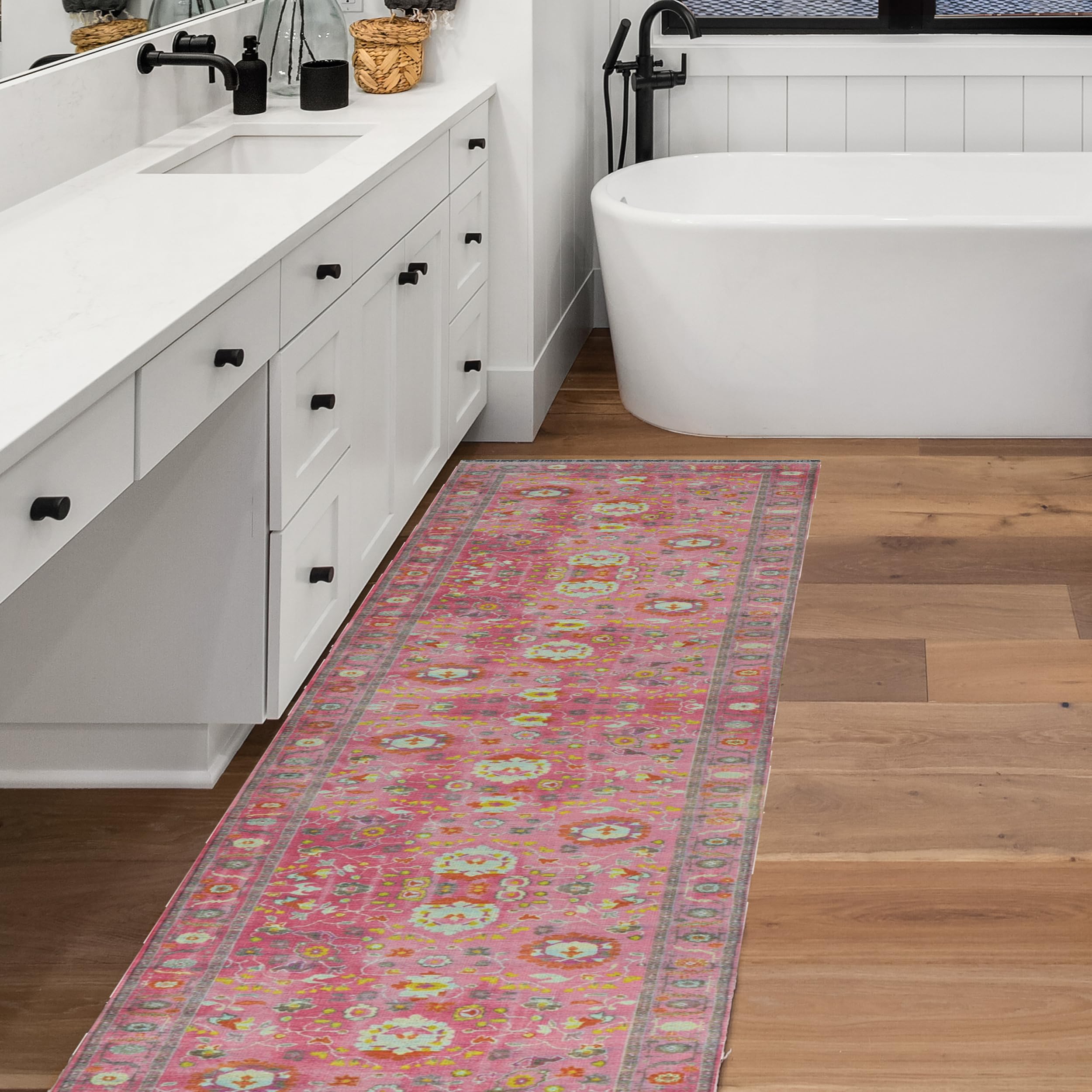 Tapis de couloir moderne Linon Harlow Carpay Oushak en chenille tissée rose et bleu 0,6 x 3 m