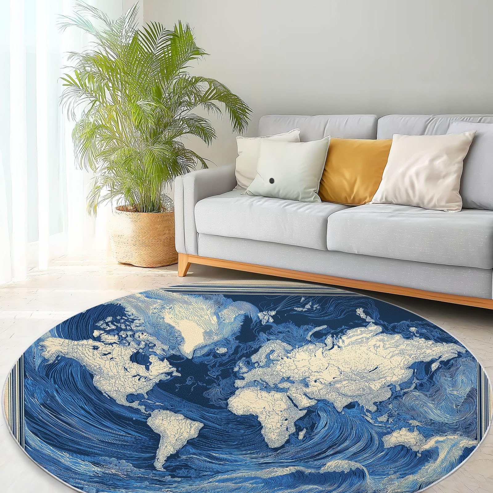 Générique Tapis Salon Rond Affiche Rétro Carte du Monavec Vagues L'Océan 150 cm Tapis Rond, Chambre Impression 3D Moderne Bleu Moquette Antidérapant Lavable Machine pour Salon Salle à Manger Bureau